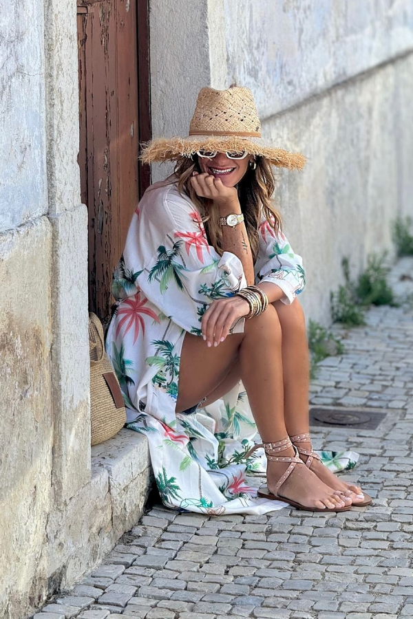 Holiday Leisure Coconut Tree Print Lace-up Loose Long Skirt