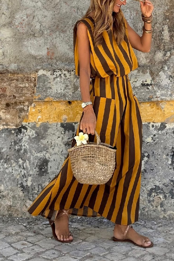 Yellow and Black Striped Sleeveless Waist Long Dress