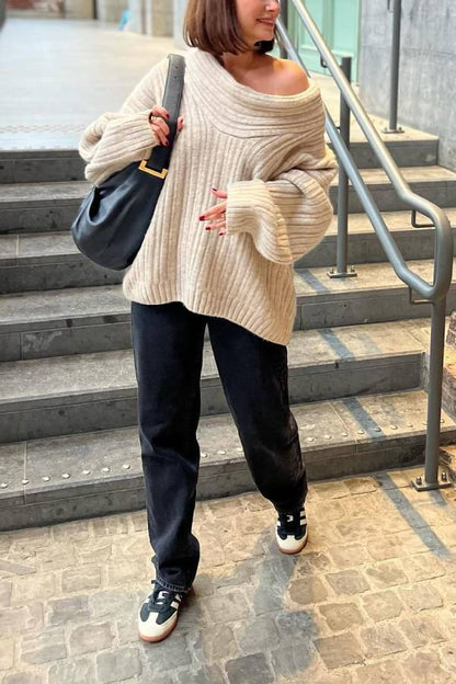 Fashionable Irregular Collar Loose Casual Knitted Sweater