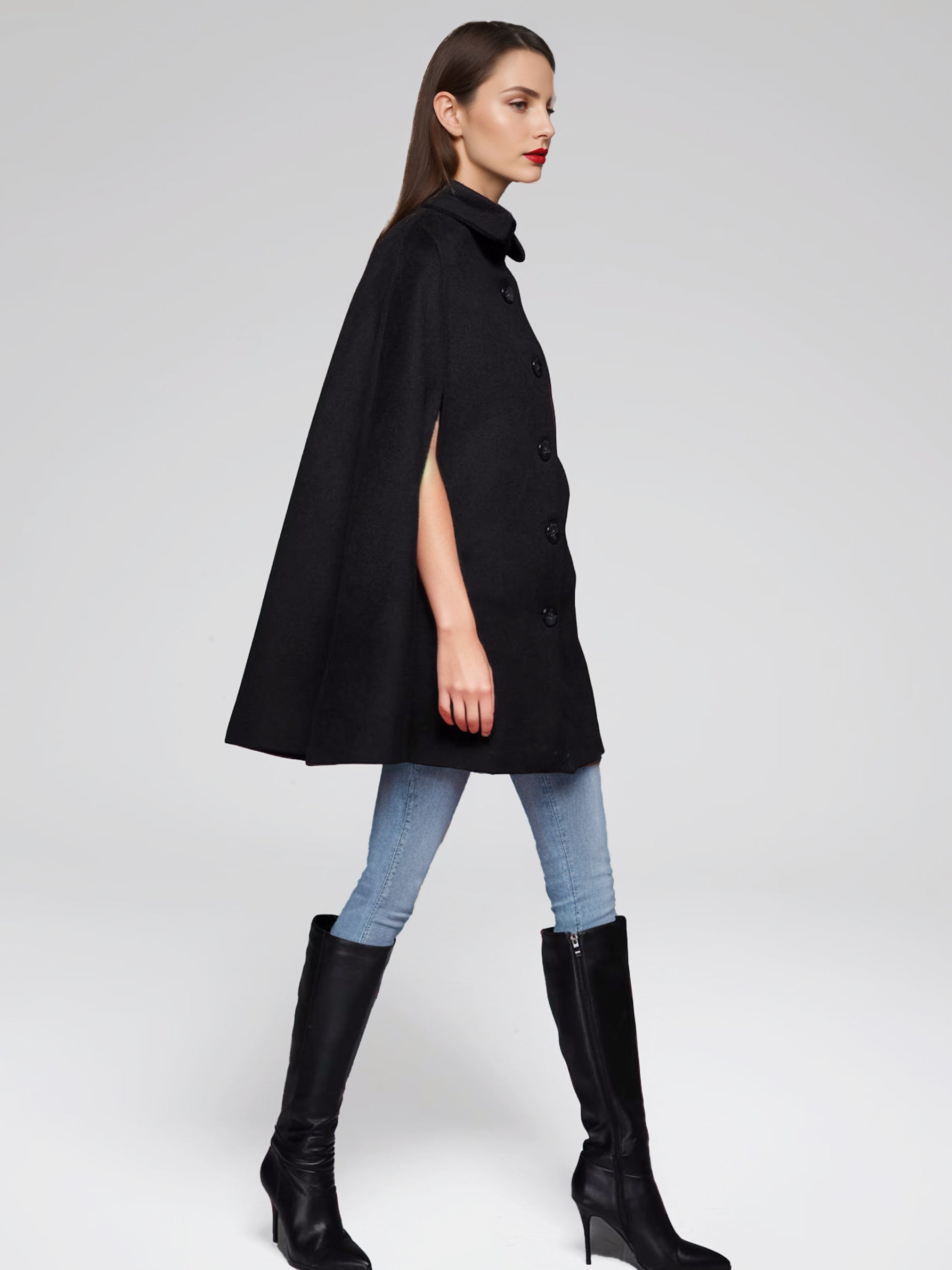 Wool Blend Cape Coat Turndown Collar Black Poncho Oversized Outerwear For Women 2026
