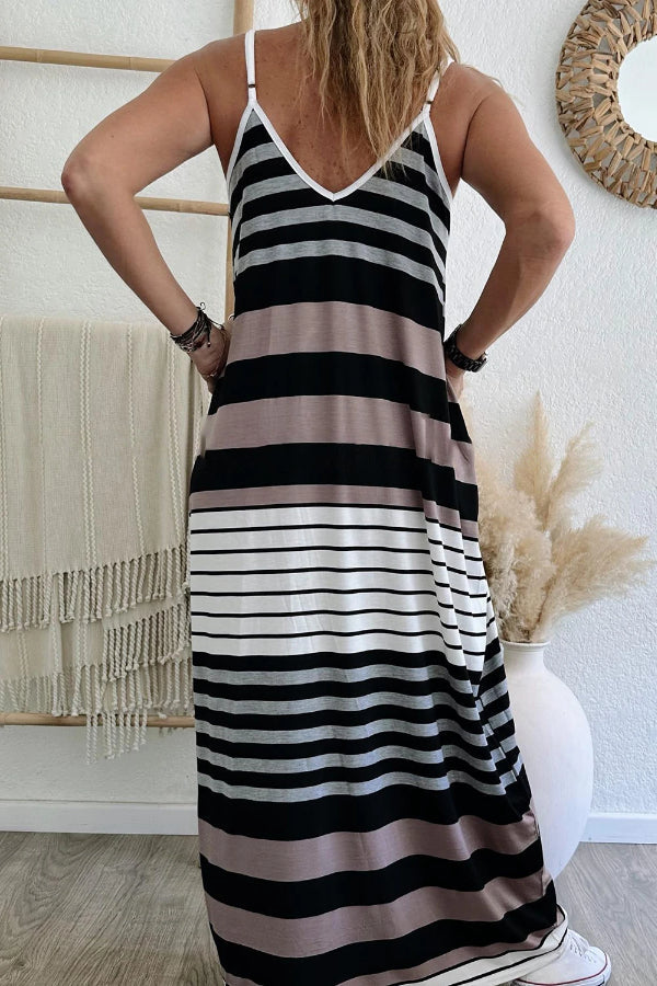 Multicolour Stripes Spaghetti Straps V Neck Maxi Dress