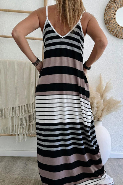 Multicolour Stripes Spaghetti Straps V Neck Maxi Dress