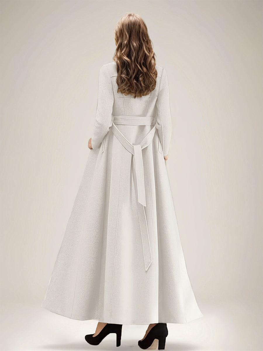 White Longline Woolen Coat Notched Lapel Double Breasted Belted Winter Full Length Outerwear For Women 2026