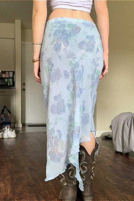 Floral Mesh Asymmetrical Slimming Skirt