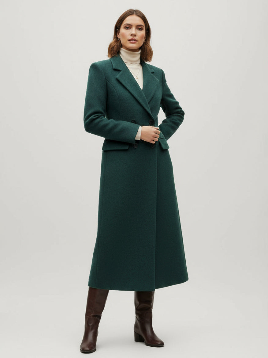 Woolen Double-Breasted Long Coat With Notch Lapel And Flap Pockets For Women 2026