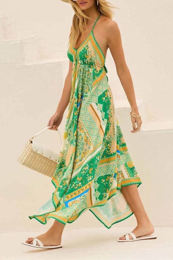 Elegant Off-Shoulder V-Neck Suspender Print Swing Dress