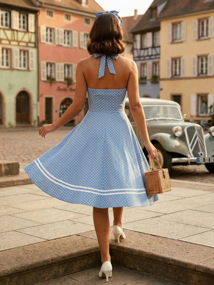 Retro Glamour Dress 1950s Aquatic Plaid Backless Buttons Sleeveless Sweetheart Neck Medium Rockabilly Dress