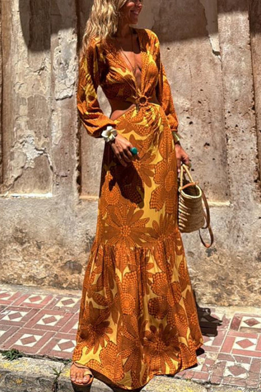 Sunflower Print Ring Cutout Waist Long Sleeve Maxi Dress