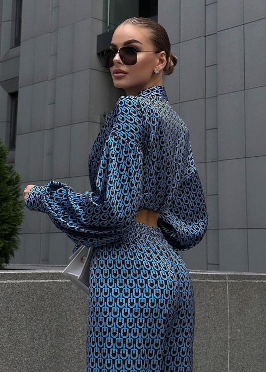 Elegant Ease - Printed Button-Up Shirt and Wide-Leg Pants Set