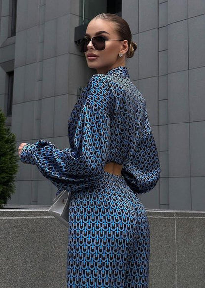 Elegant Ease - Printed Button-Up Shirt and Wide-Leg Pants Set