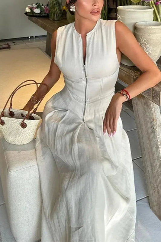 Zipper Front Corset Waist Linen Look Sleeveless Maxi Dress