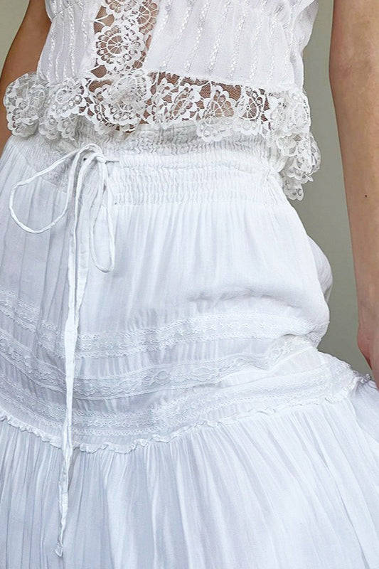 Drawstring Waist White Maxi Skirt
