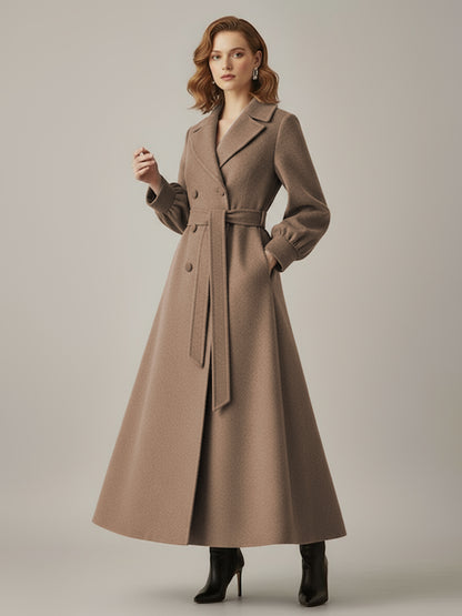 Belted Double-Breasted Woolen Full-Length Coat With Balloon Sleeves For Women 2026