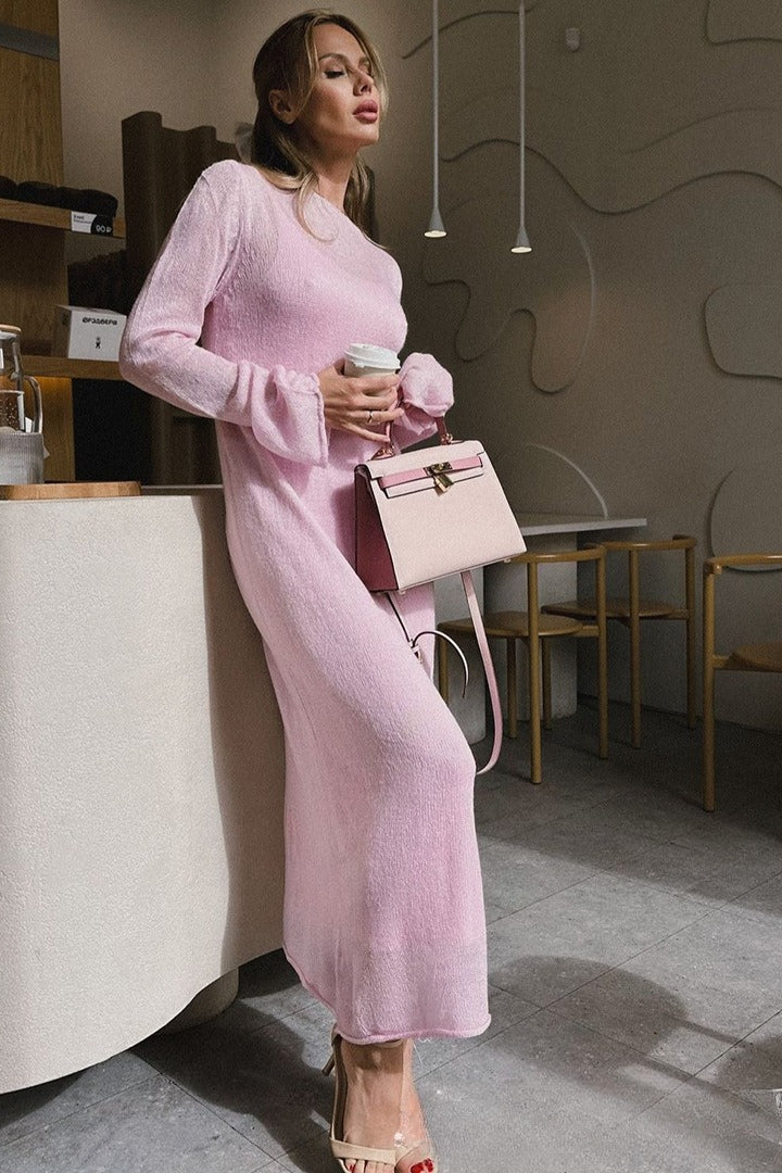 Hollow Out Pink Bodycon Knit Maxi Dress