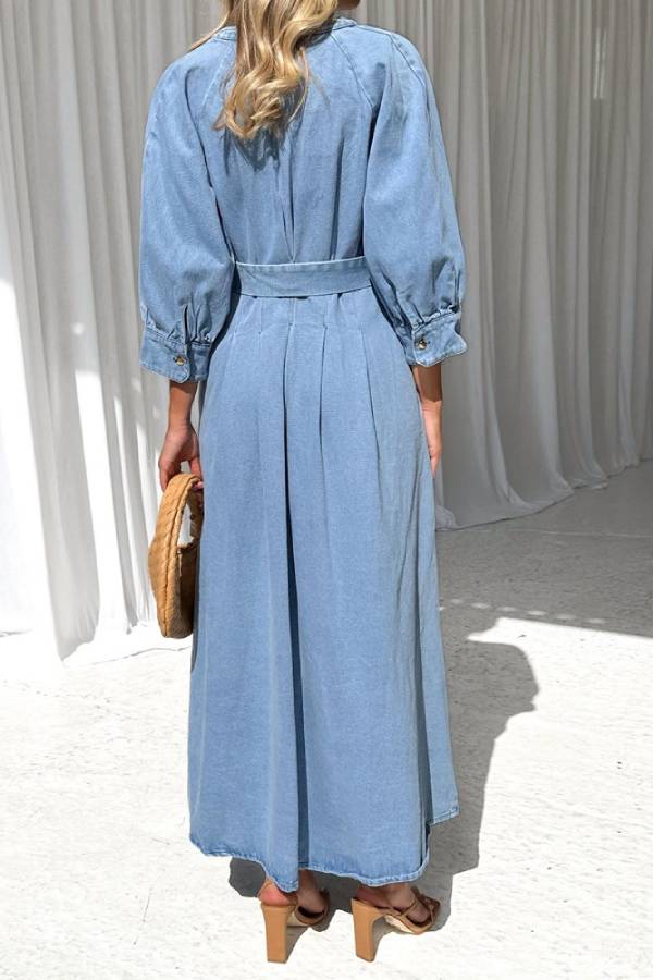 Waist casual button-down denim maxi dress