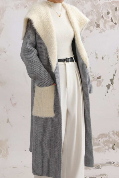 Faux Fur Collar Long Patchwork Loose Knit Overcoat