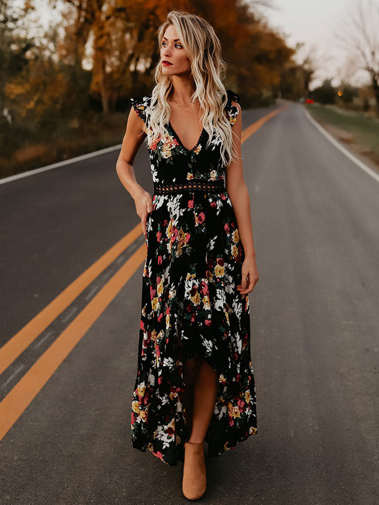 Black Floral Boho Maxi Dress for Women - High Low Hem Open Back Crochet Waist Long Dress - Summer Date Night Outfits 2026