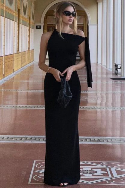 Boat Neck One-Shoulder Draped Sash Column Maxi Dress