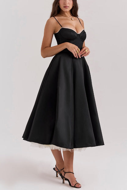 Lace Trim Sweetheart Corset Bodice Tulle Petticoat Fit and Flare Midi Dress