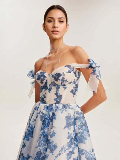 Light Sky Blue Corset Dress Tie Strap Floral A-Line Elegant Party Prom Midi Dresses