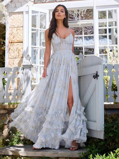 Floral Layered Ruffles Maxi Party Dress High Slit Strap Dress 2026