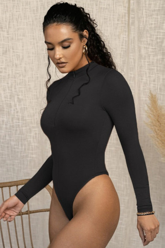 Sexy Collared Long Sleeve Cutout Stretch Bodysuit