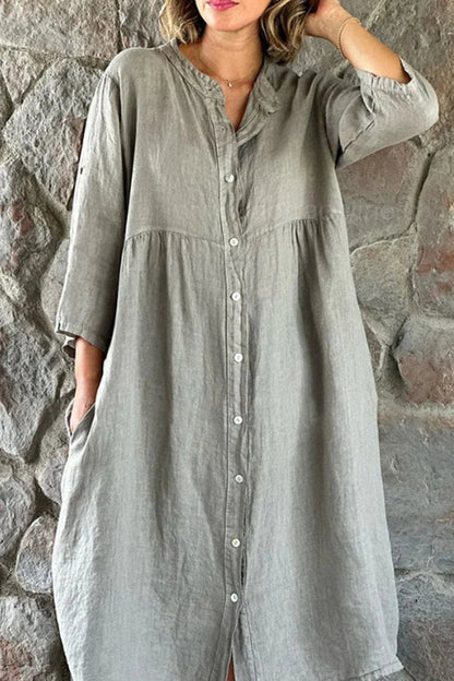 Cotton linen solid color casual stand collar button long dress