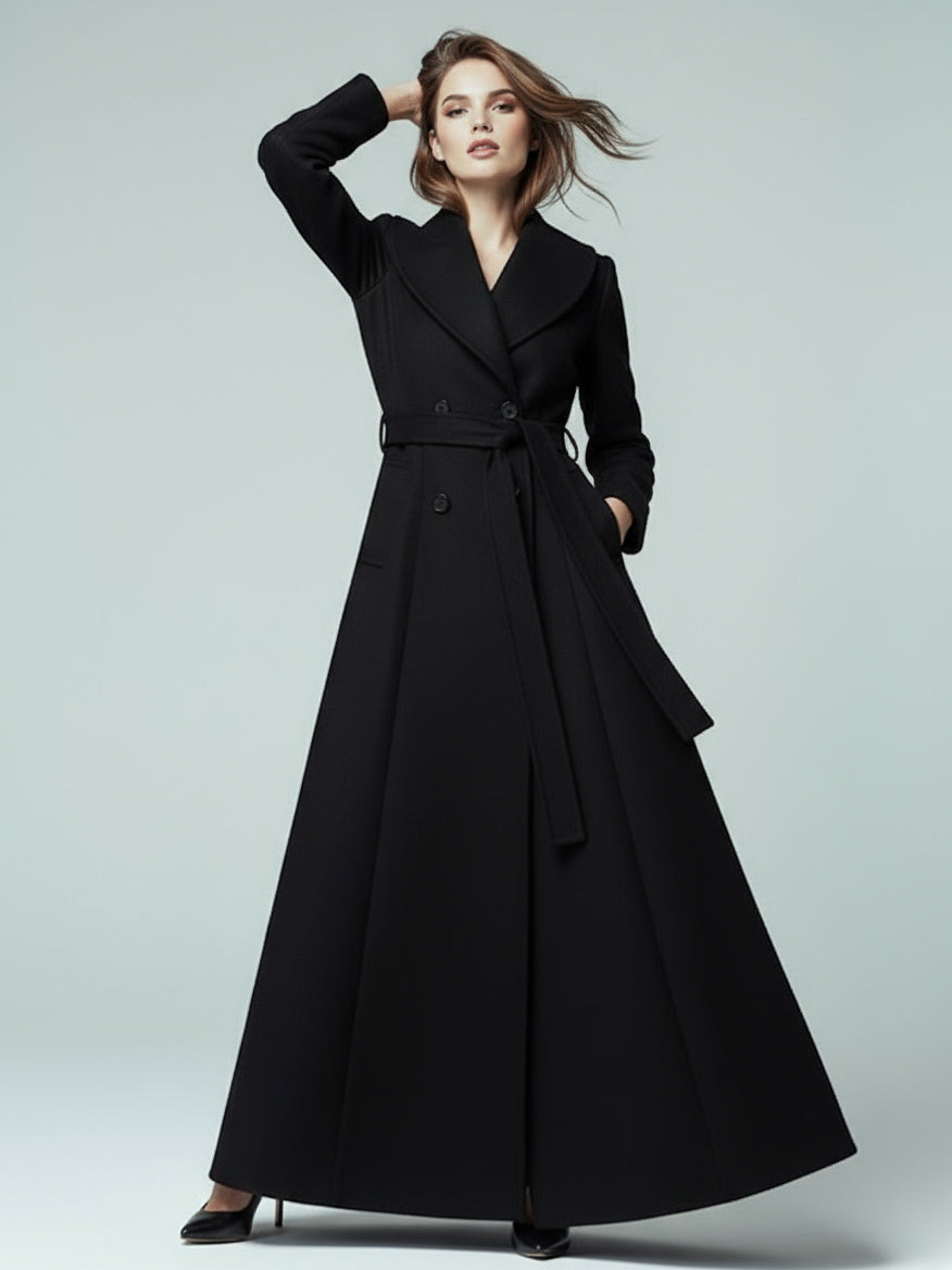 Woolen Belted Maxi Coat With Shawl Collar And Double-breasted For Women 2026