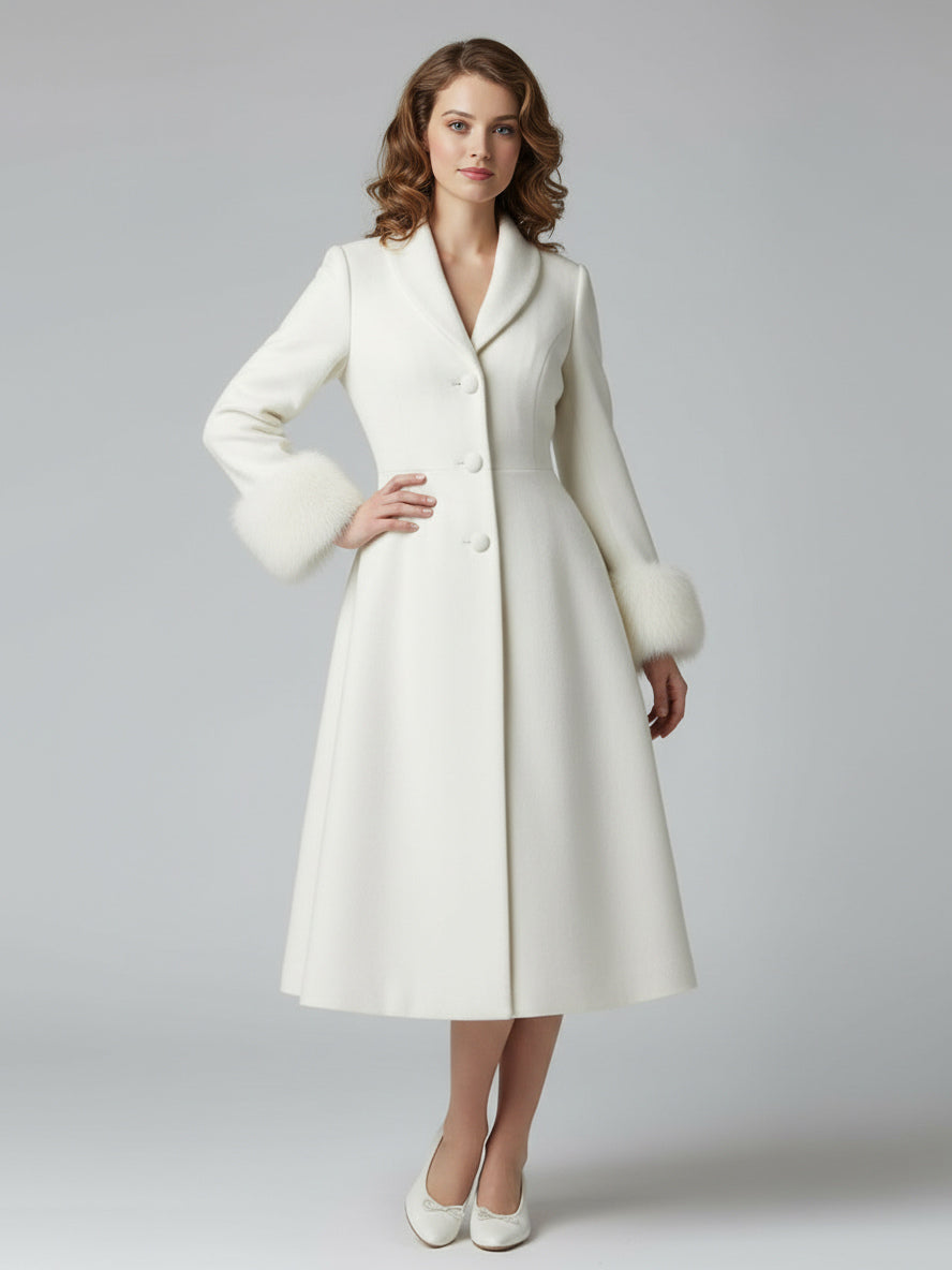 Vintage A-line Woolen Flared Midi Coat With Detachable faux fur cuffs In White 2026