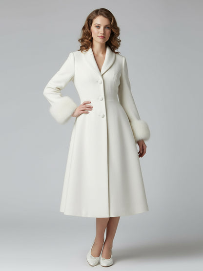 Vintage A-line Woolen Flared Midi Coat With Detachable faux fur cuffs In White 2026