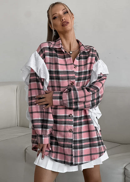 Ainsley Plaid Poplin Shirt - Pink Ruffle Accent Button-Up
