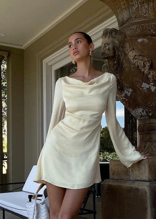 Ivory Satin Mini Dress – Long Sleeve Open Back Cocktail Dress