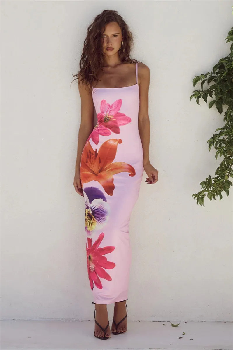 Spaghetti Strap Square Neck Oversized Lily Floral Print Bodycon Maxi Dress