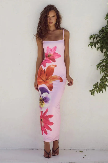 Spaghetti Strap Square Neck Oversized Lily Floral Print Bodycon Maxi Dress