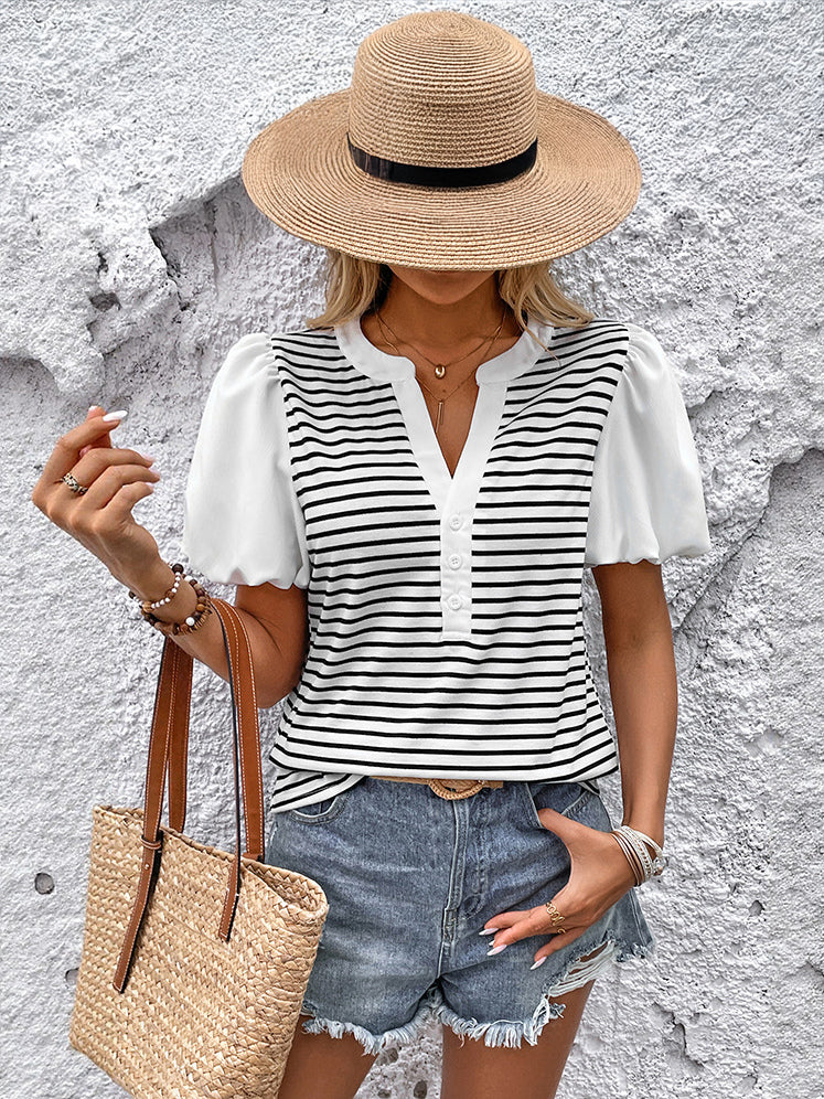 Striped V-neck Blouse With Puff Sleeves And Button Front 2026