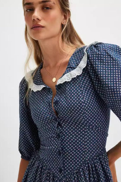 Ditsy Floral Peter Pan Collar Puff Sleeve Button Front Mini Dress