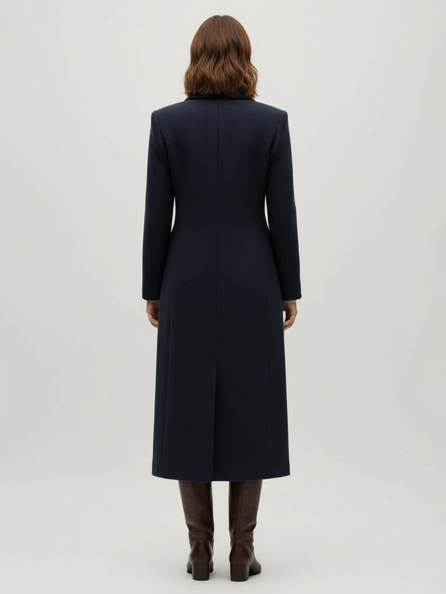 Woolen Double-Breasted Long Coat With Notch Lapel And Flap Pockets For Women 2026