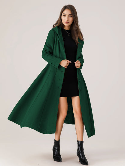 Woolen Flared Coat With Hood For Woman Red A-line Long Winter Outerwear 2026