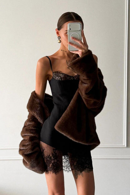 Lace Panel Sweetheart Spaghetti Strap Lace Hem Bodycon Mini Dress
