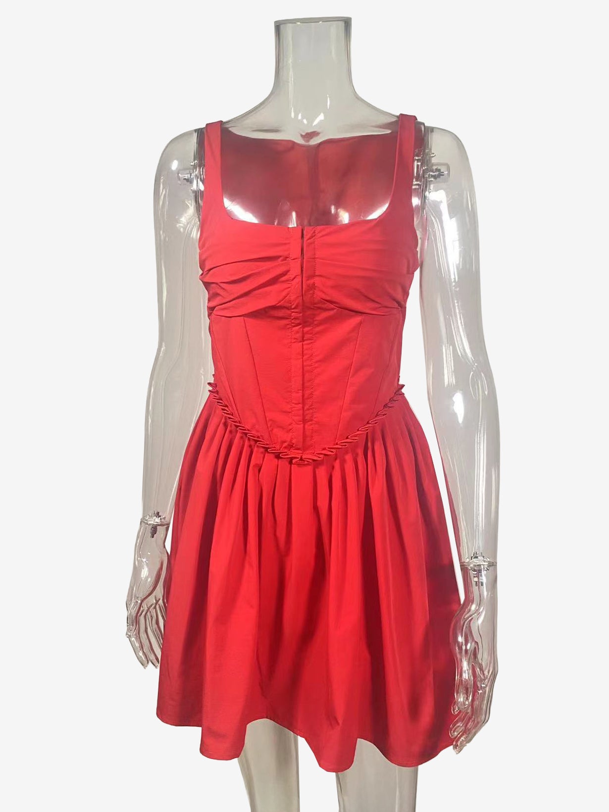 Square Neck Corset Waist V Shape Ruched Pleated Mini Dress For Women 2026