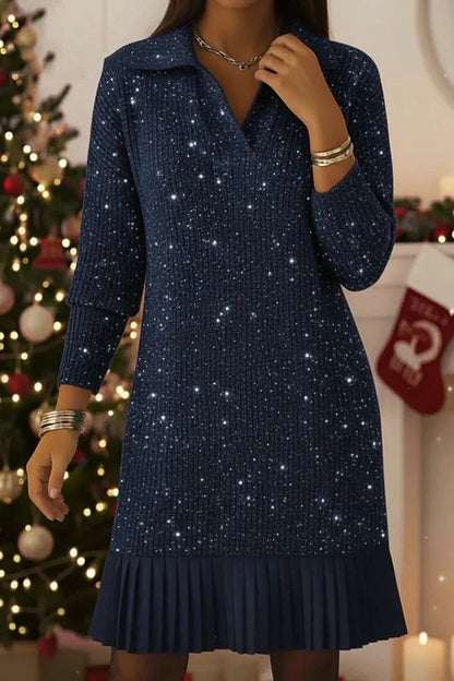 Solid Color Collared Long-sleeved Casual Pleated Knit Mini Dress
