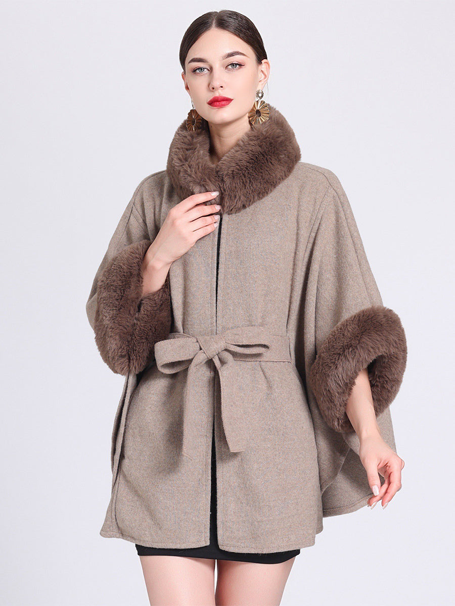 Women Poncho High Collar Light Gray Oversized Faux Fur Cape