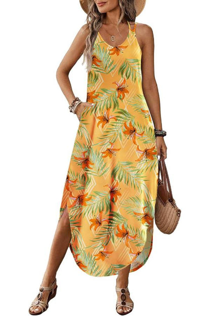 Casual V-neck halter slit bohemian beach resort maxi dress