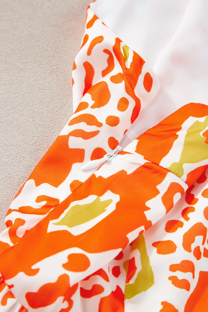 Orange Knotted Straps Leopard Colorblock Tiered Dress