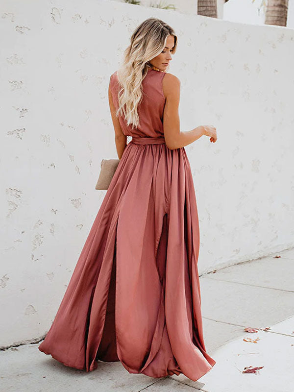 Blush Pink Wrap Maxi Dress for Women - Elegant V Neck High Slit Long Dress - Summer Beach Wedding Guest Wear 2026