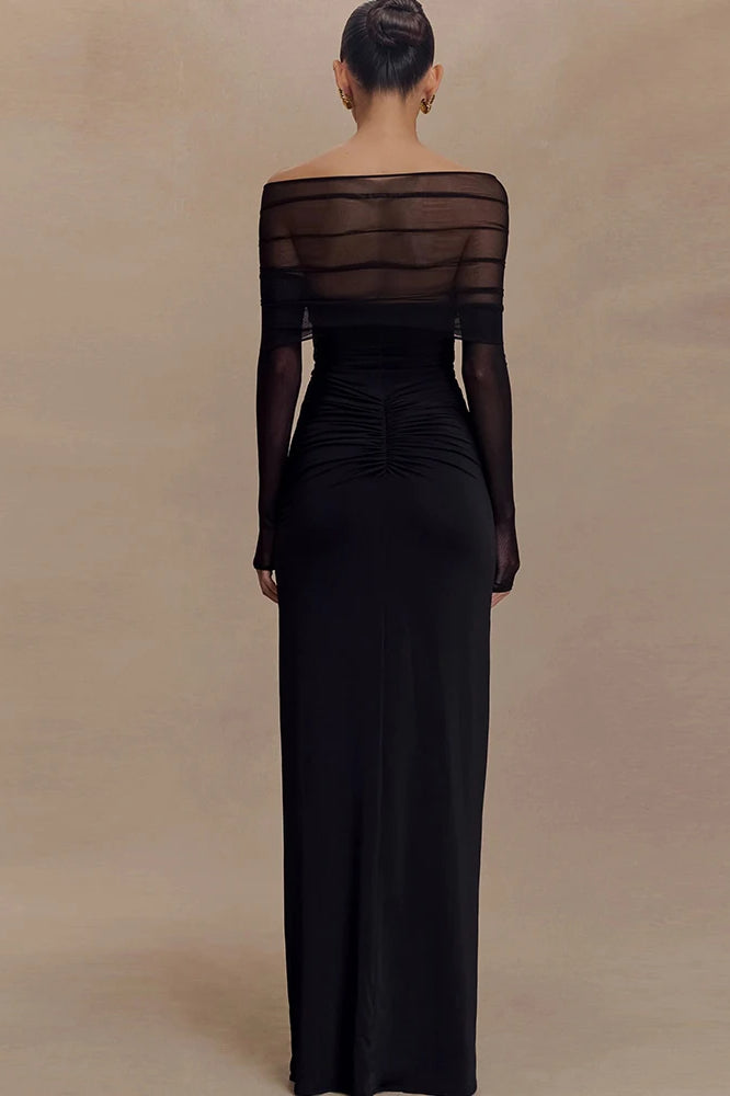Off-the-Shoulder Mesh Sleeve Waist Cutout Ruched Maxi Dress