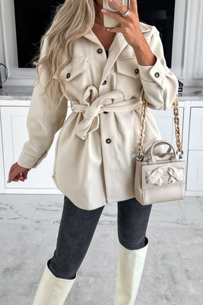 Lhoib Lace Up Solid Pocket Buttoned Long Sleeve Jacket