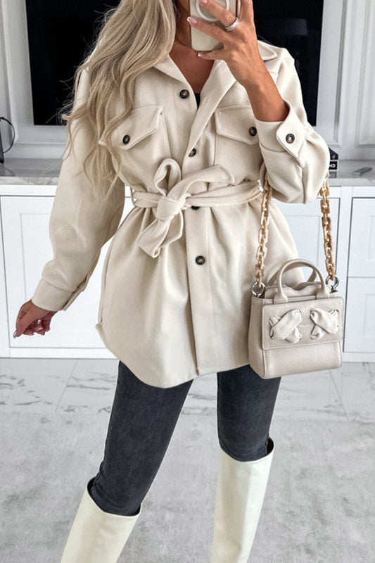 Lhoib Lace Up Solid Pocket Buttoned Long Sleeve Jacket