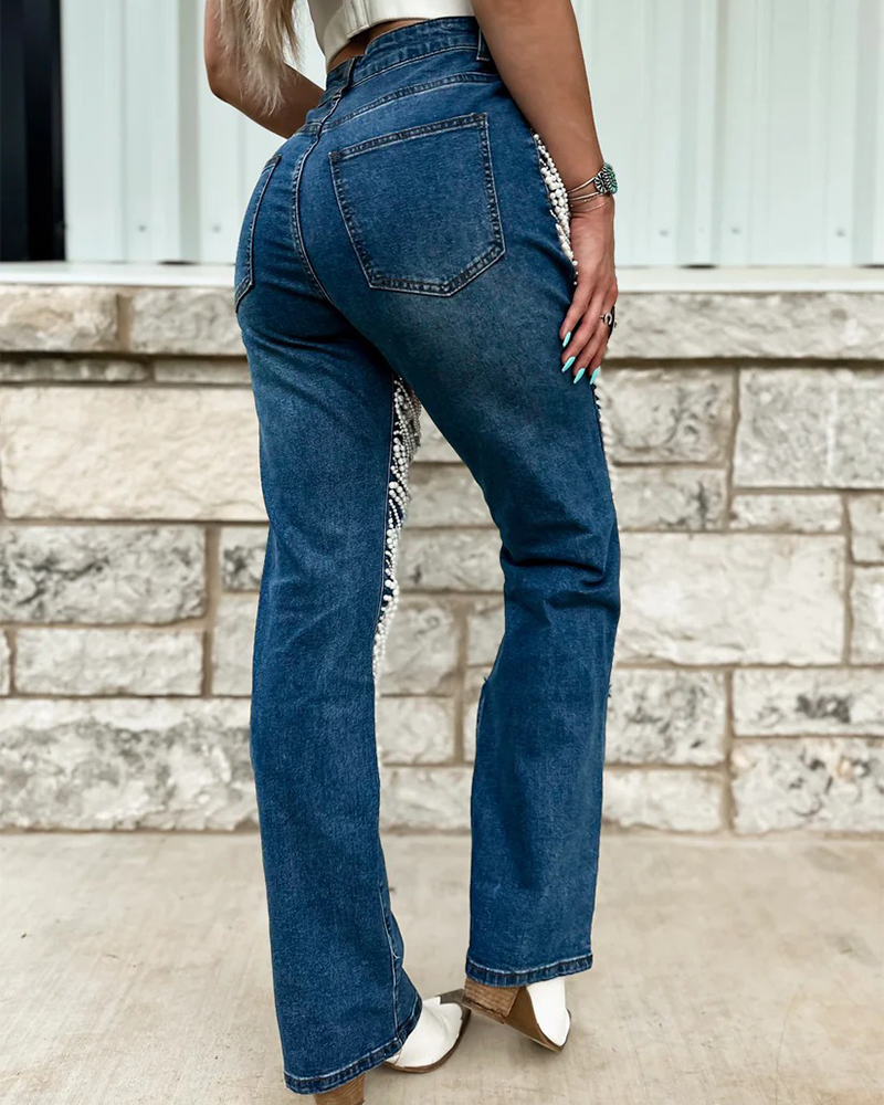 Bead Chain Pendant Ripped Jeans