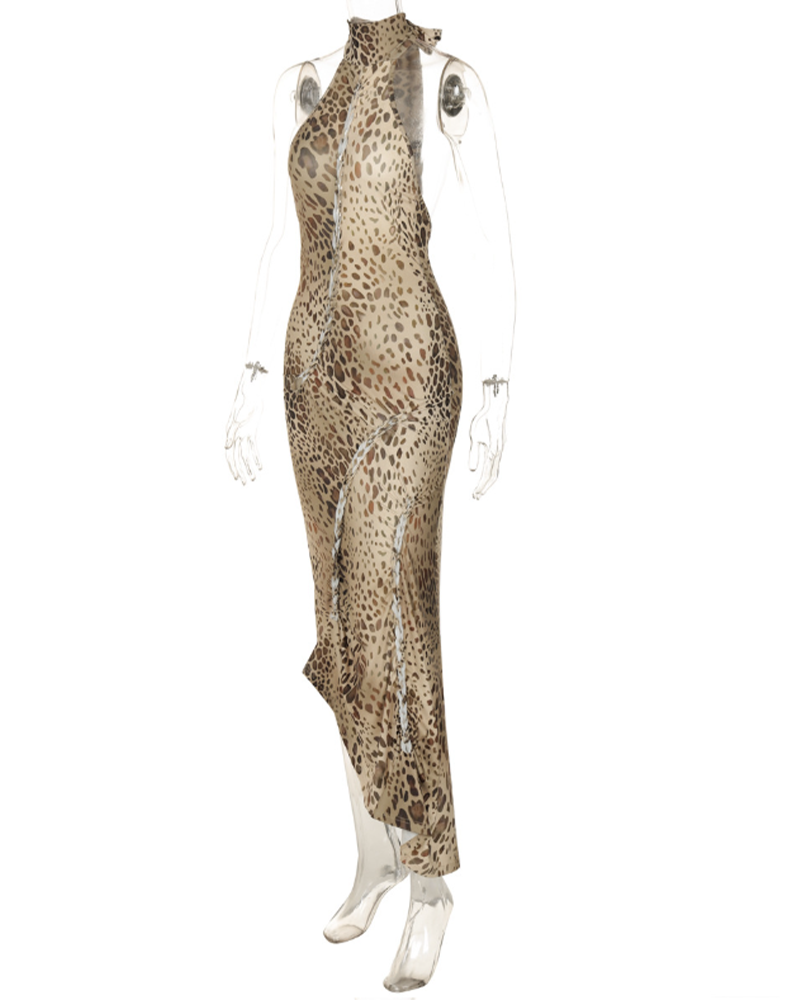 Backless Fitted Irregular Leopard Print Dress